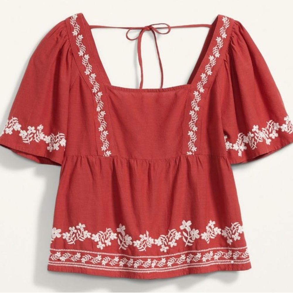 Old Navy Rust Red Embroidered Peasant Blouse XXL Boho Flutter Sleeve Tie Back